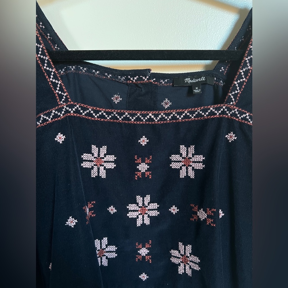 Madewell Embroidered Corduroy Button Back Peplum Top - Picture 3 of 6